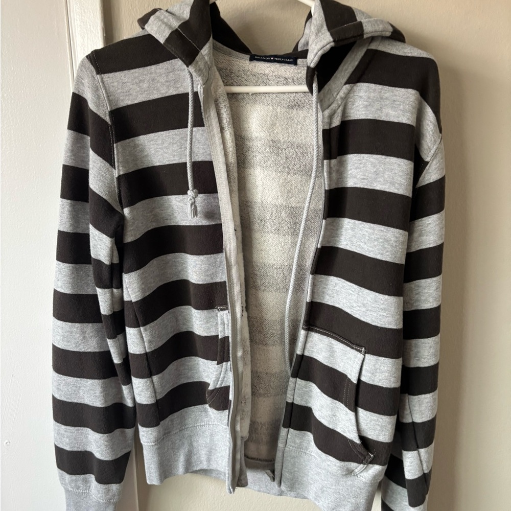 Brandy Melville Black and Gray Striped Zip-Up Sweater